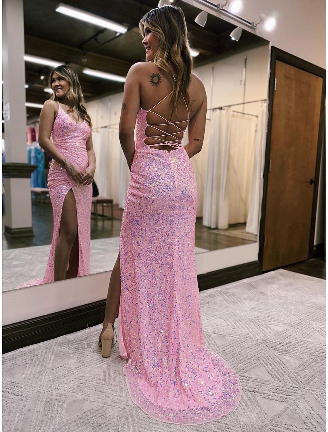 Mermaid V-Neck Sequin Sleeveless Backless High Slit Prom Dress - Chloe Dress