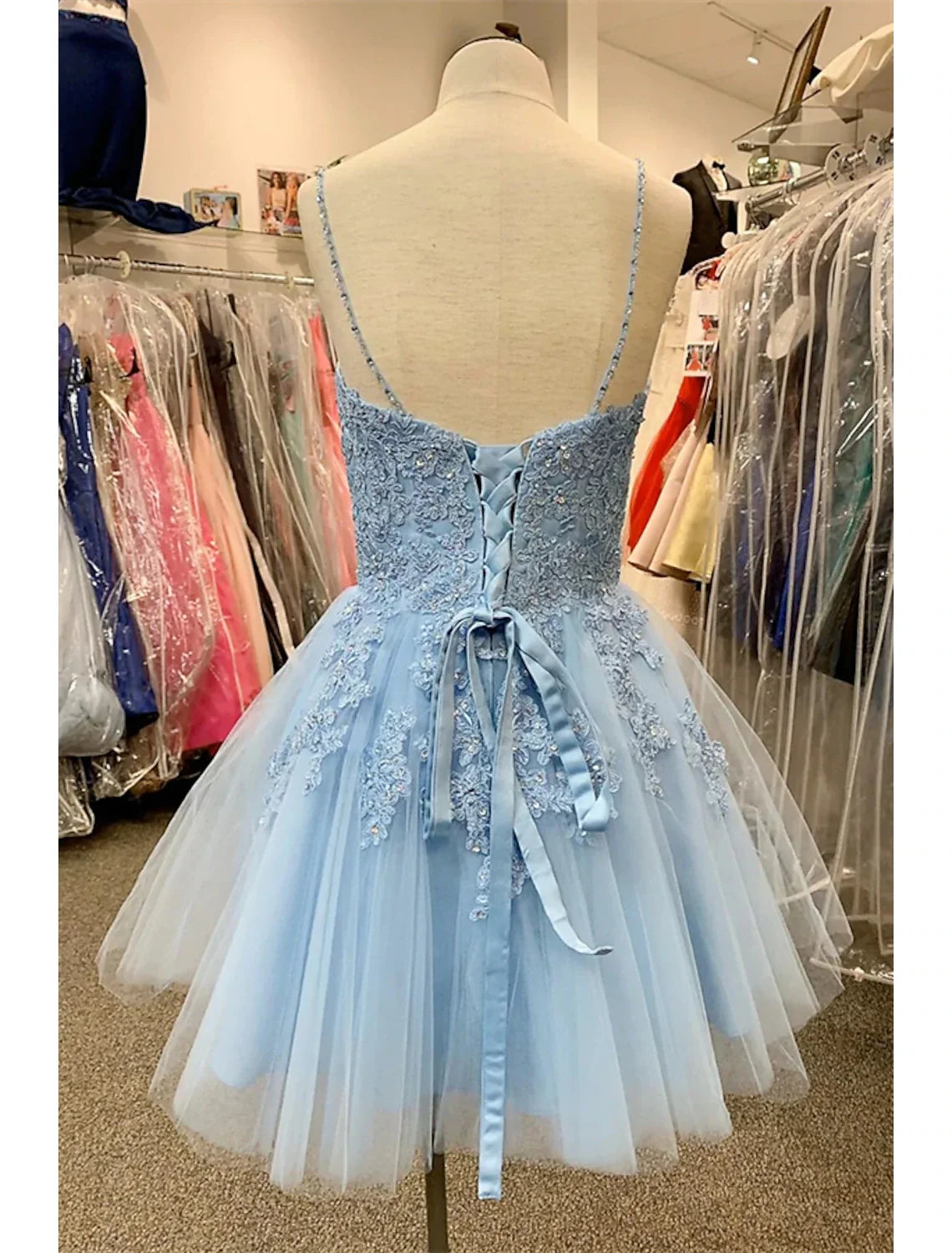 A-Line Spaghetti Strap Tulle Sleeveless Applique Mini Cocktail Dress - Chloe Dress