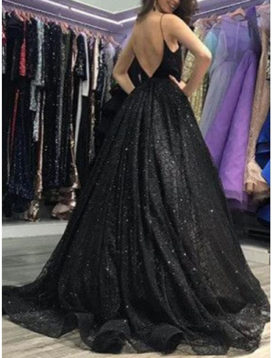 Black A-Line Spaghetti Strap Sequin Sleeveless High Slit Evening Gown - Chloe Dress