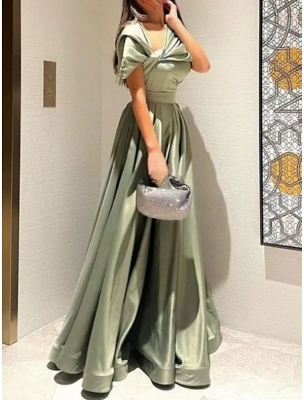 Green A-Line Off-Shoulder Satin Short Sleeve Pleated Floor-Length Evening Gown - Chloe Dress