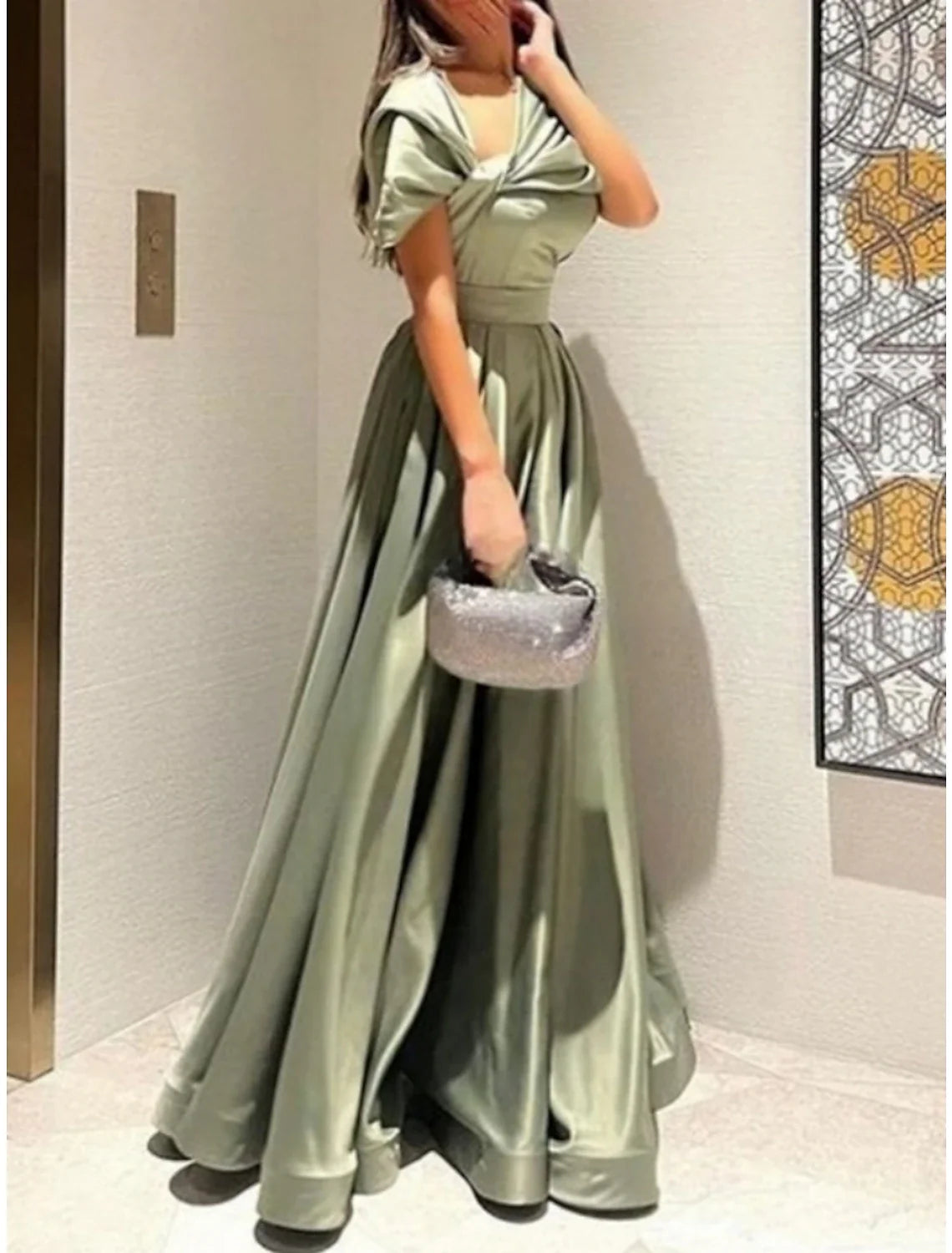 Green A-Line Off-Shoulder Satin Short Sleeve Pleated Floor-Length Evening Gown - Chloe Dress