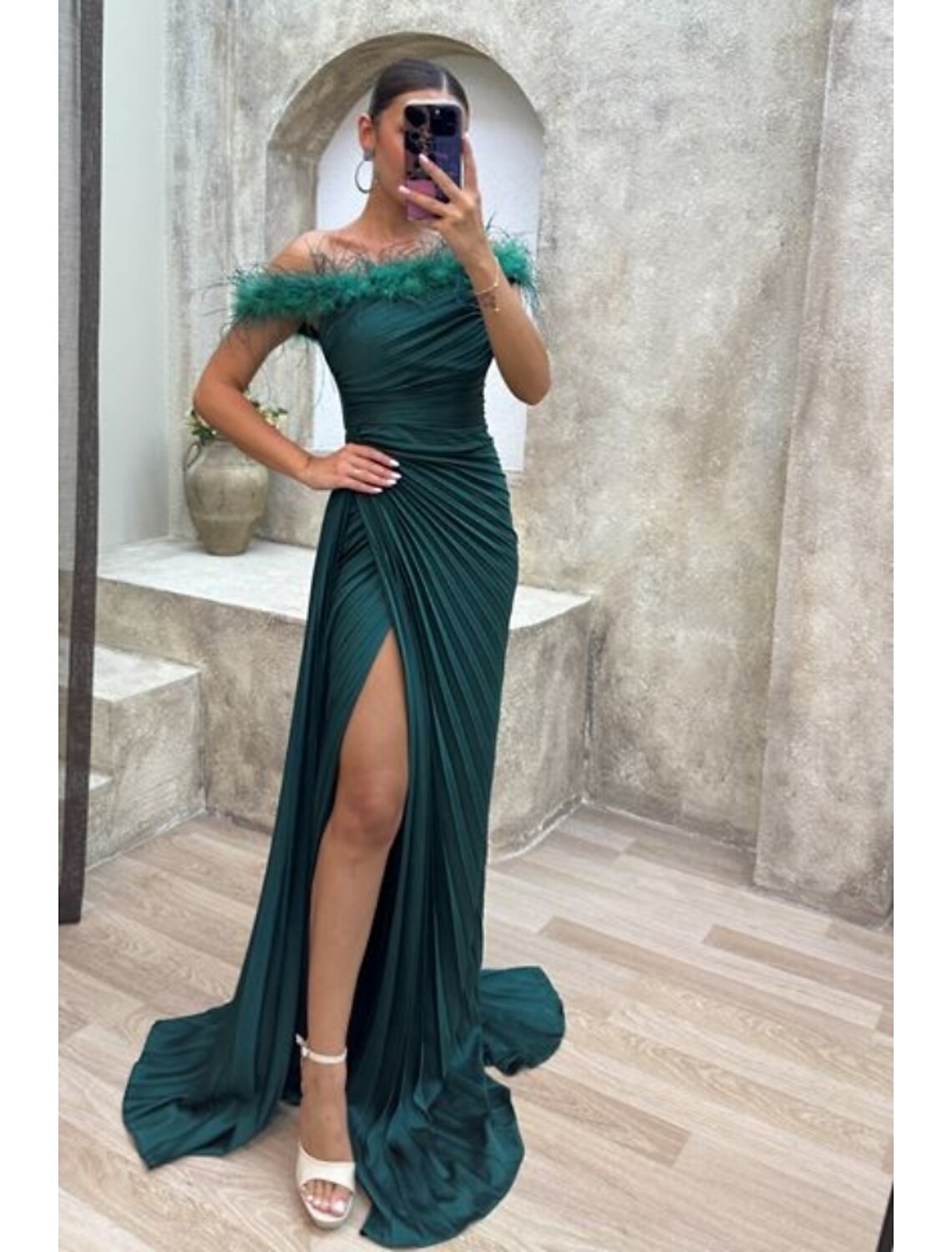 Black A-Line Off-Shoulder Satin Sleeveless High Slit Evening Gown - Chloe Dress