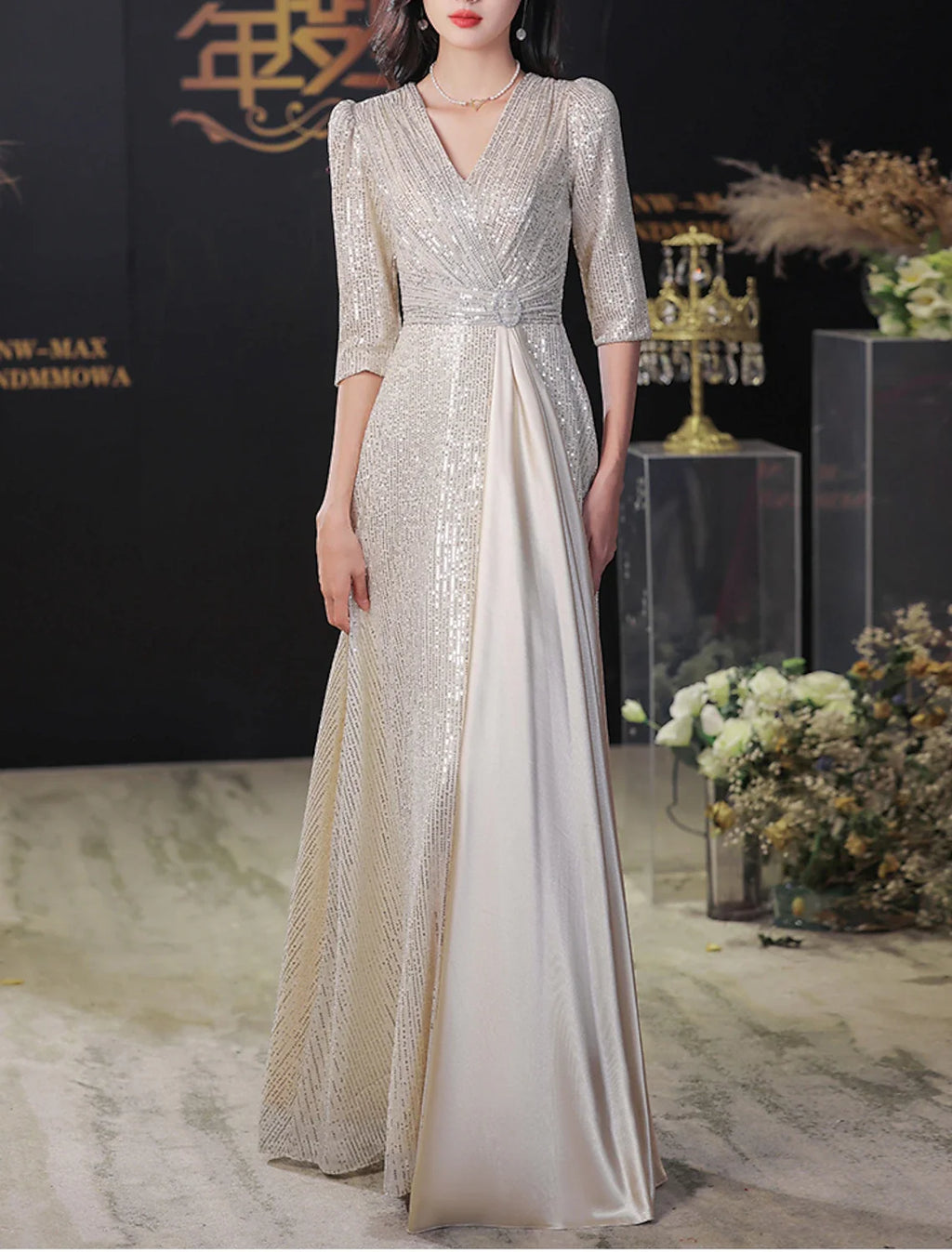 A-Line V-Neck Sequin Floor-Length Evening Gown - Chloe Dress
