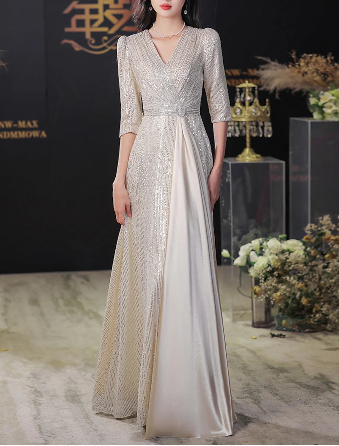 A-Line V-Neck Sequin Floor-Length Evening Gown - Chloe Dress