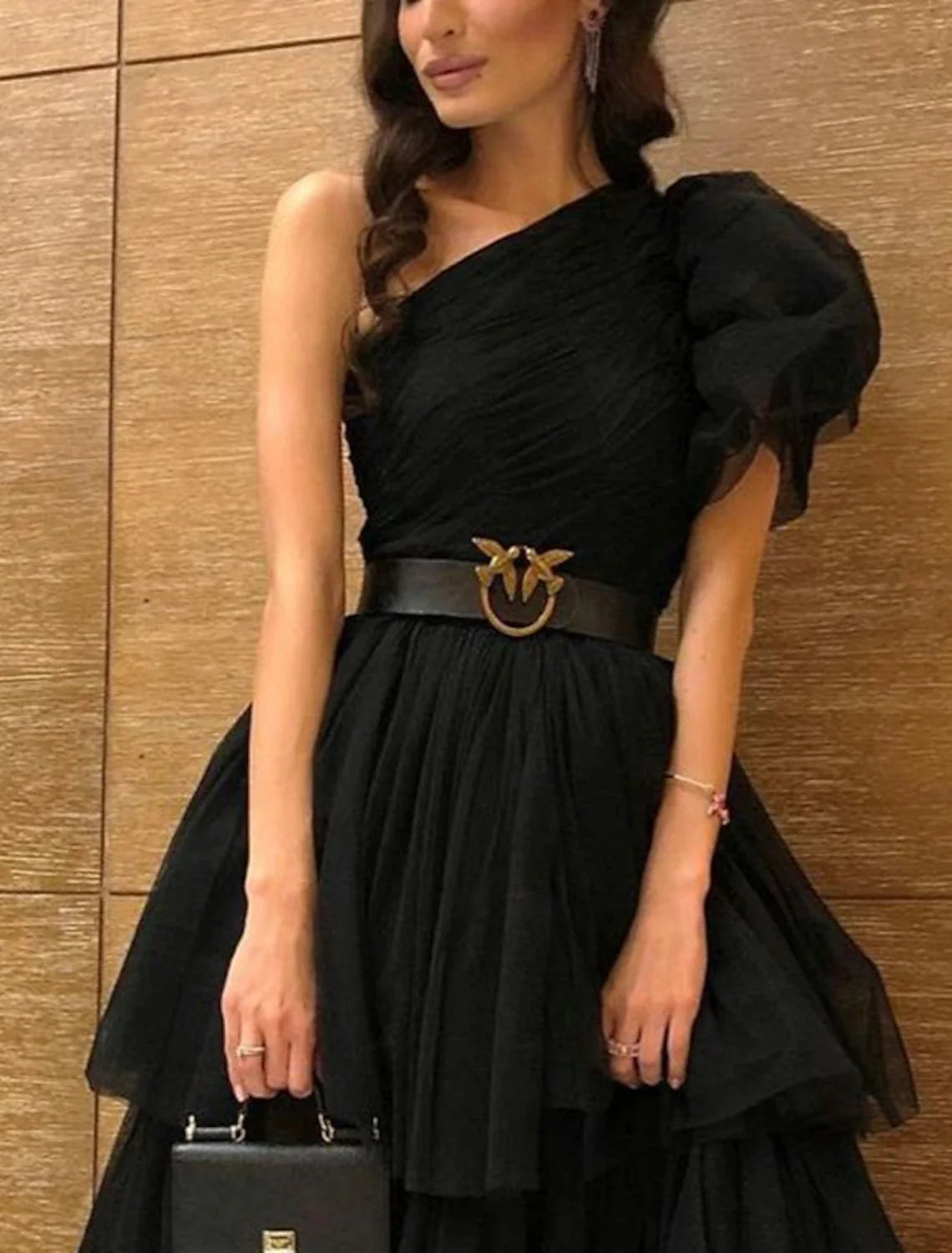 Black A-Line One-Shoulder Tulle Sleeveless High Slit Floor-Length Evening Dress - Chloe Dress