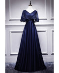 Navy Blue V-Neck Satin Short Sleeve Backless Beaded Mini Evening Dress - Chloe Dress