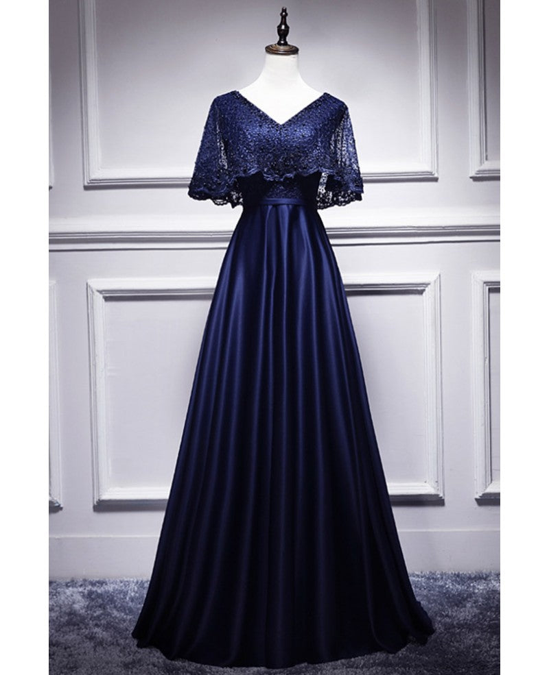 Navy Blue V-Neck Satin Short Sleeve Backless Beaded Mini Evening Dress - Chloe Dress
