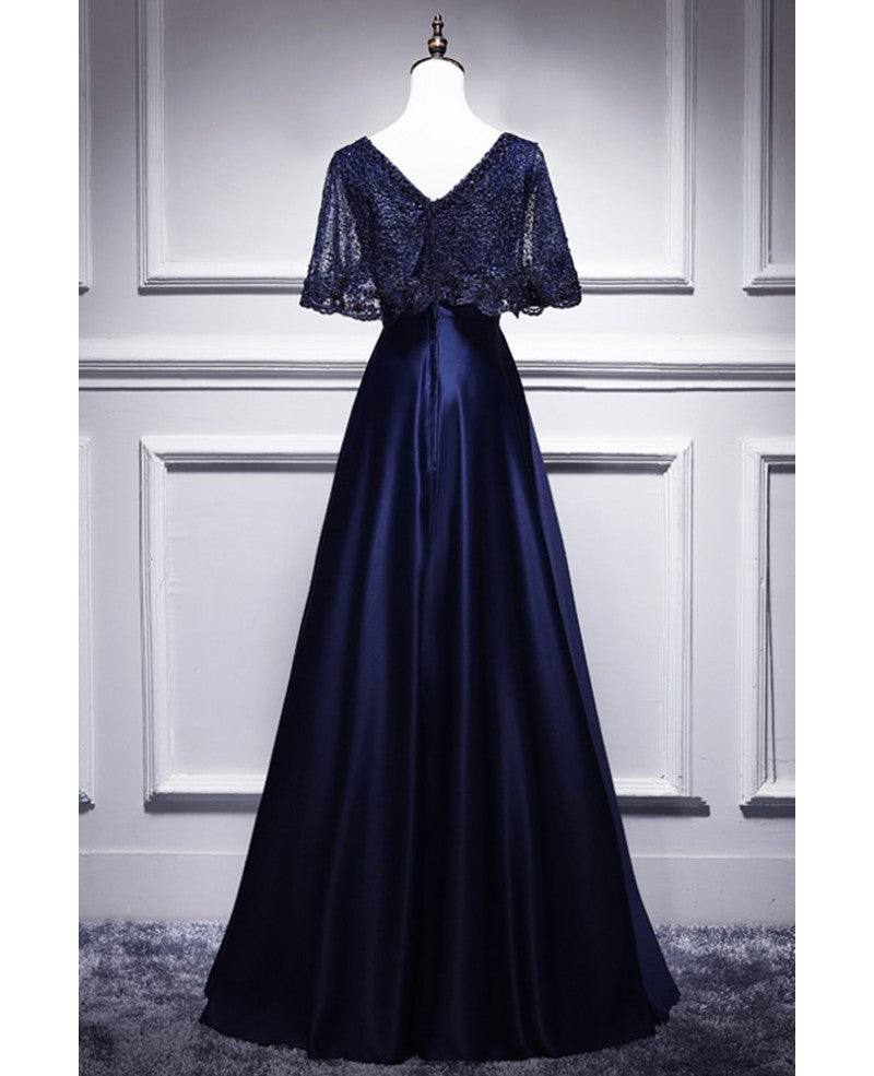 Navy Blue V-Neck Satin Short Sleeve Backless Beaded Mini Evening Dress - Chloe Dress