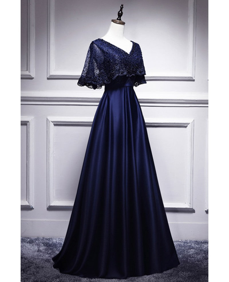 Navy Blue V-Neck Satin Short Sleeve Backless Beaded Mini Evening Dress - Chloe Dress