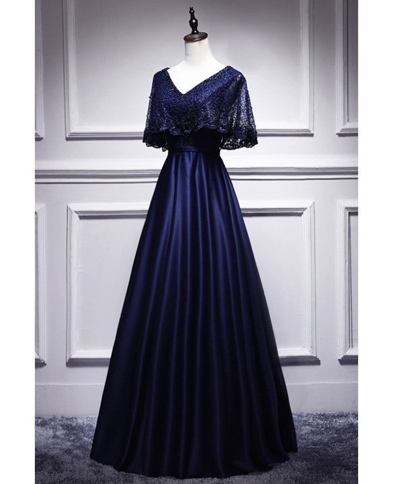 Navy Blue V-Neck Satin Short Sleeve Backless Beaded Mini Evening Dress - Chloe Dress