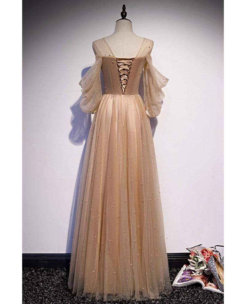 Champagne A-Line Off-Shoulder Long Sleeve Beaded Floor-Length Prom Dress - Chloe Dress