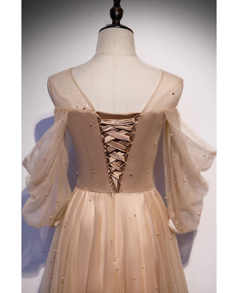 Champagne A-Line Off-Shoulder Long Sleeve Beaded Floor-Length Prom Dress - Chloe Dress