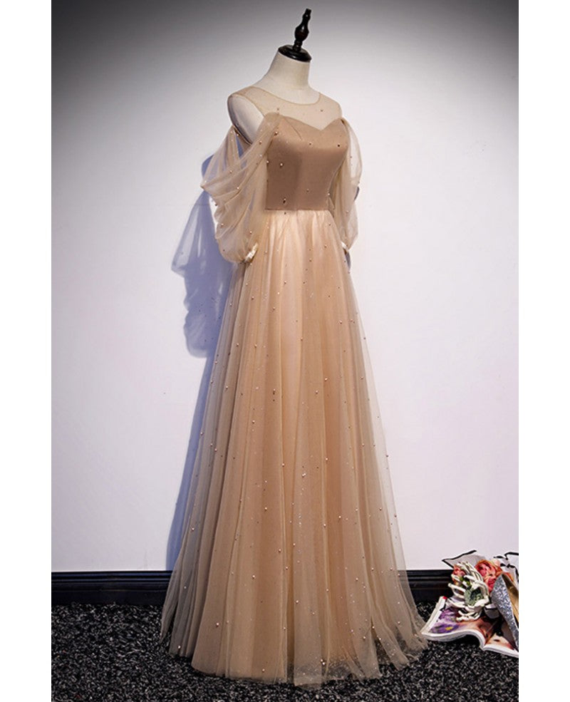 Champagne A-Line Off-Shoulder Long Sleeve Beaded Floor-Length Prom Dress - Chloe Dress