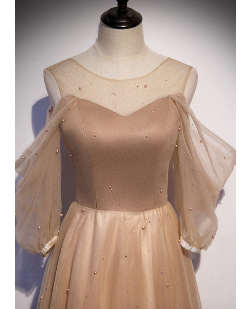 Champagne A-Line Off-Shoulder Long Sleeve Beaded Floor-Length Prom Dress - Chloe Dress