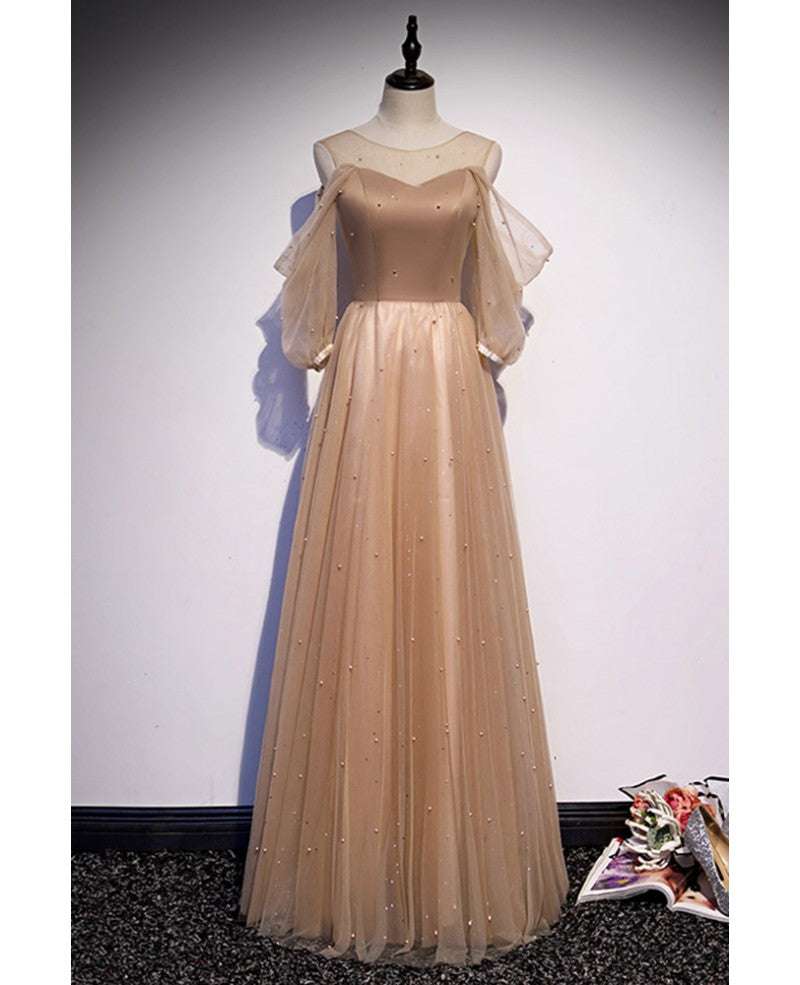 Champagne A-Line Off-Shoulder Long Sleeve Beaded Floor-Length Prom Dress - Chloe Dress