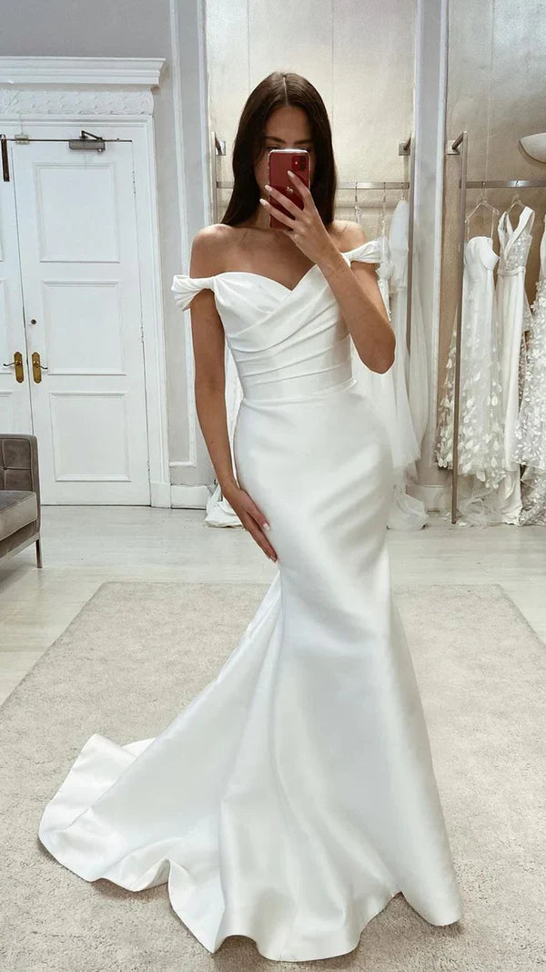Off-Shoulder Satin Pleated Wedding Dress - Chloe Dress
