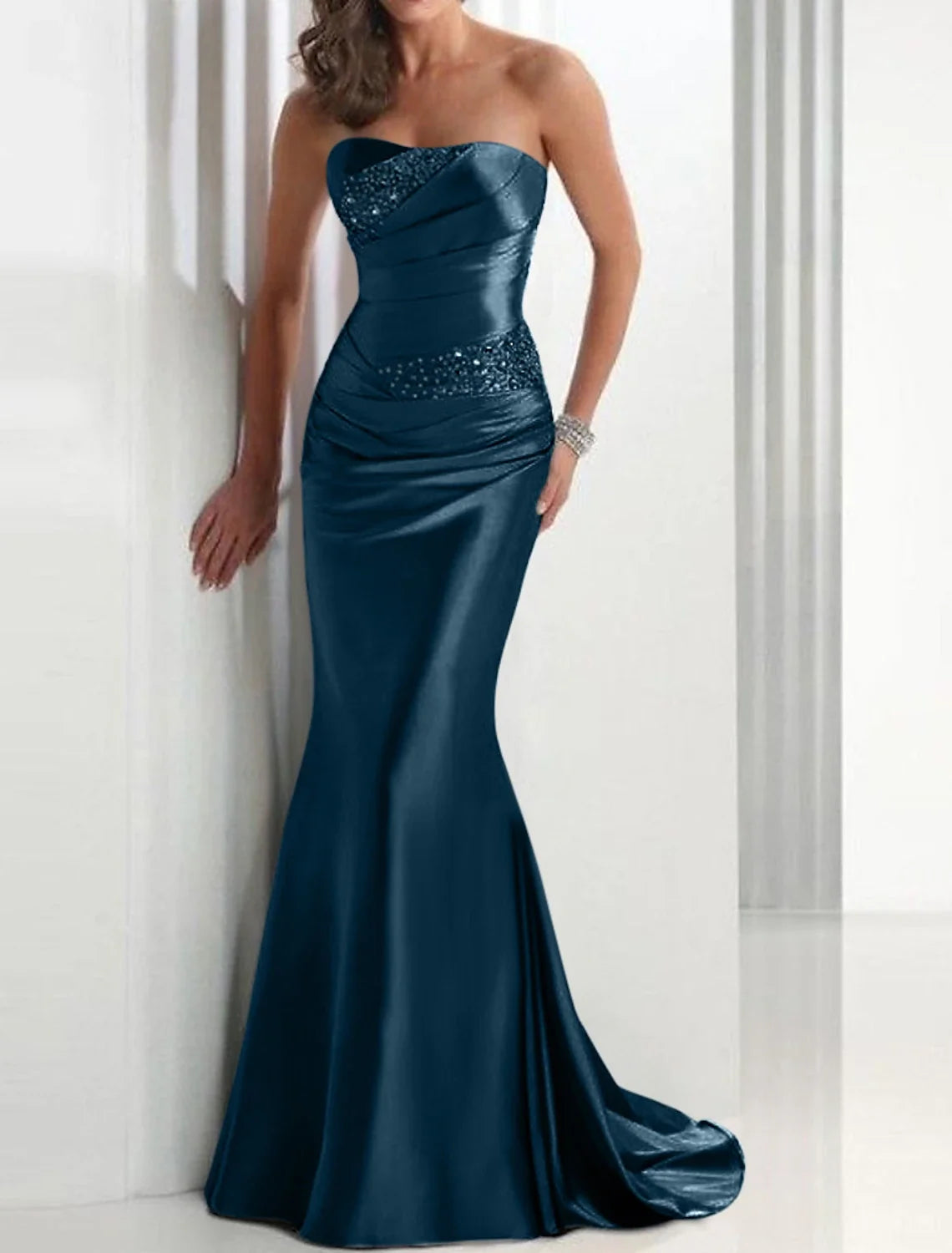Green Mermaid Strapless Satin Sleeveless Train Evening Dress - Chloe Dress