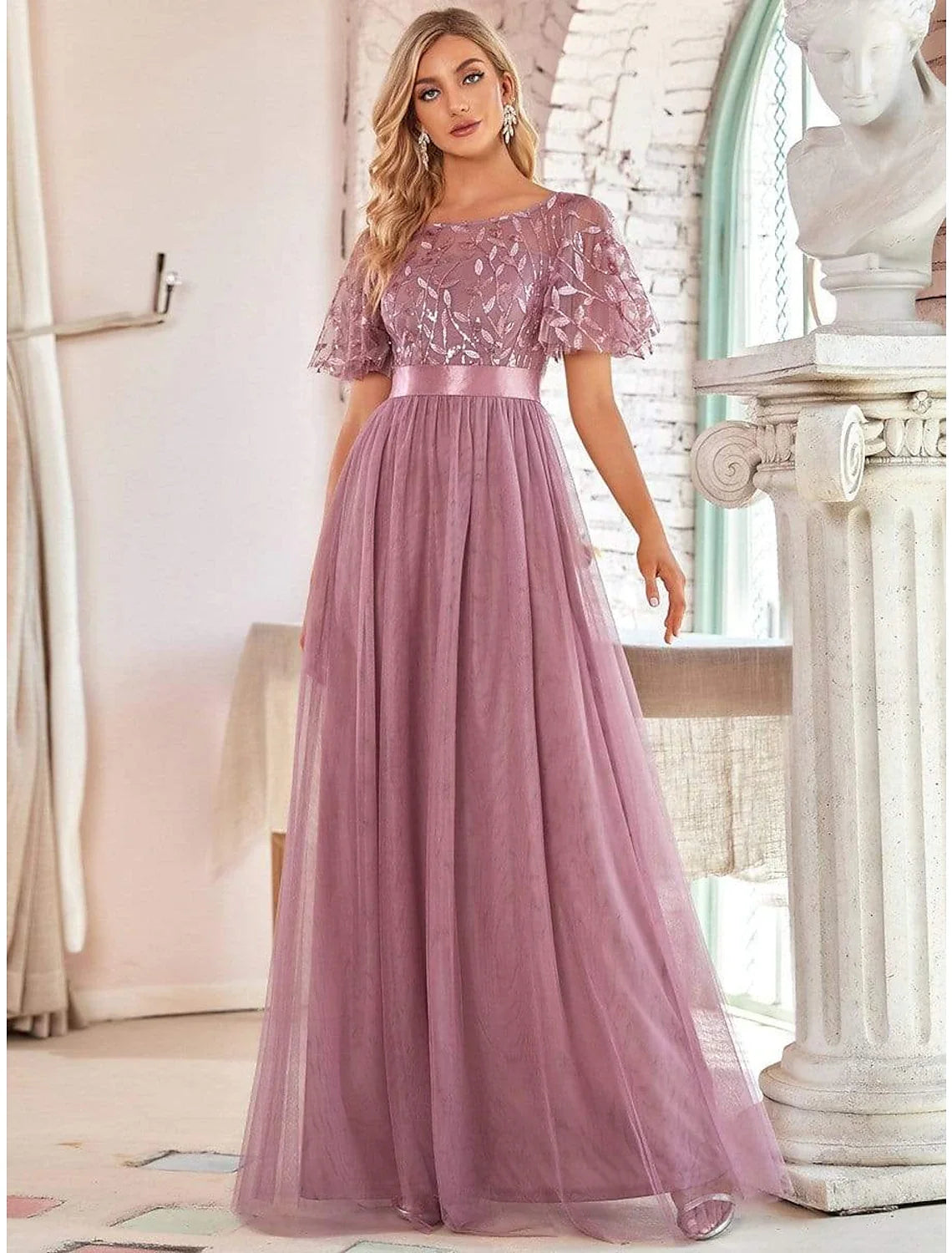 A-Line Tulle Short Sleeve Floor-Length Prom Dress - Chloe Dress