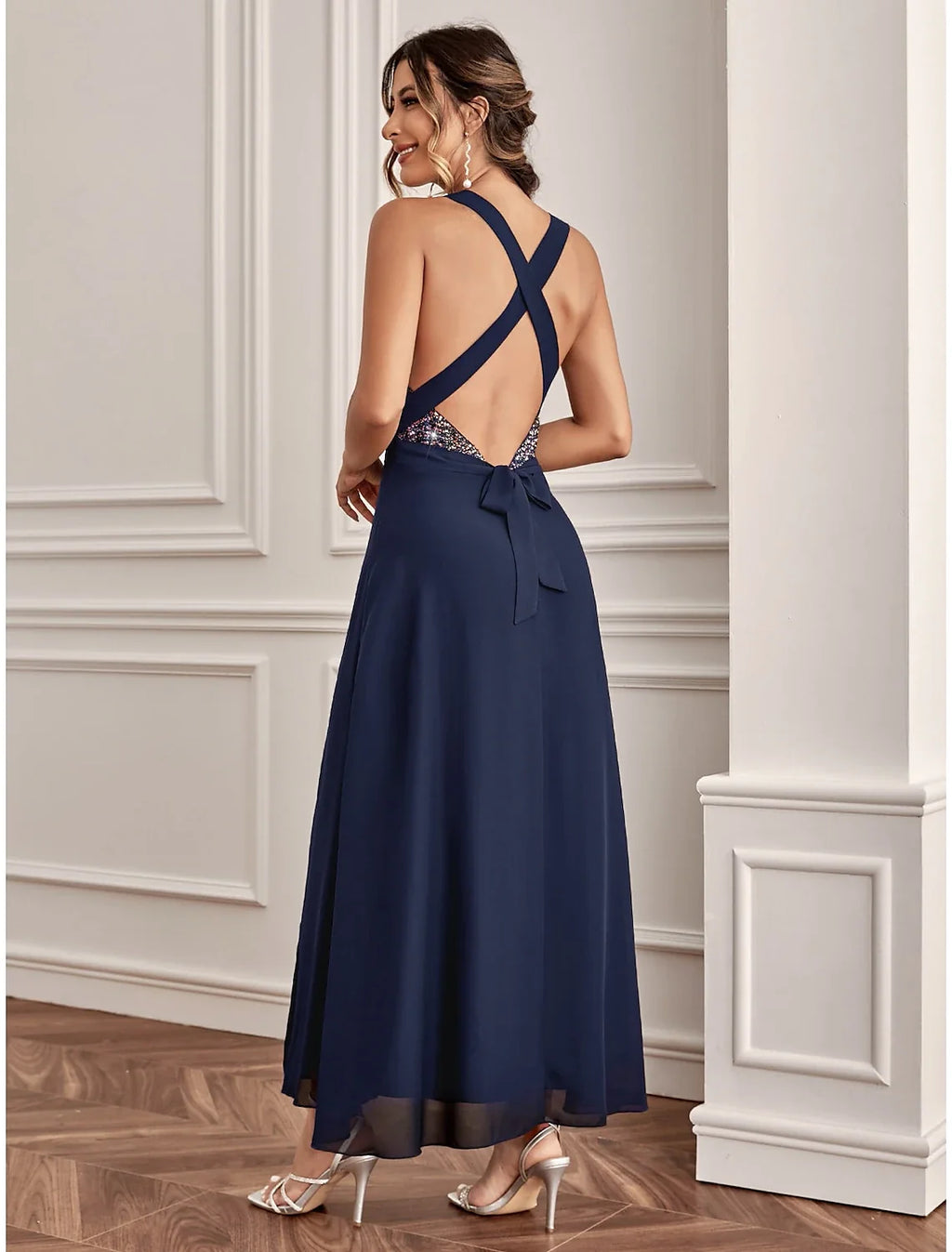 A-Line V-Neck Sequin Sleeveless High Slit Ankle-Length Wedding Dress - Chloe Dress