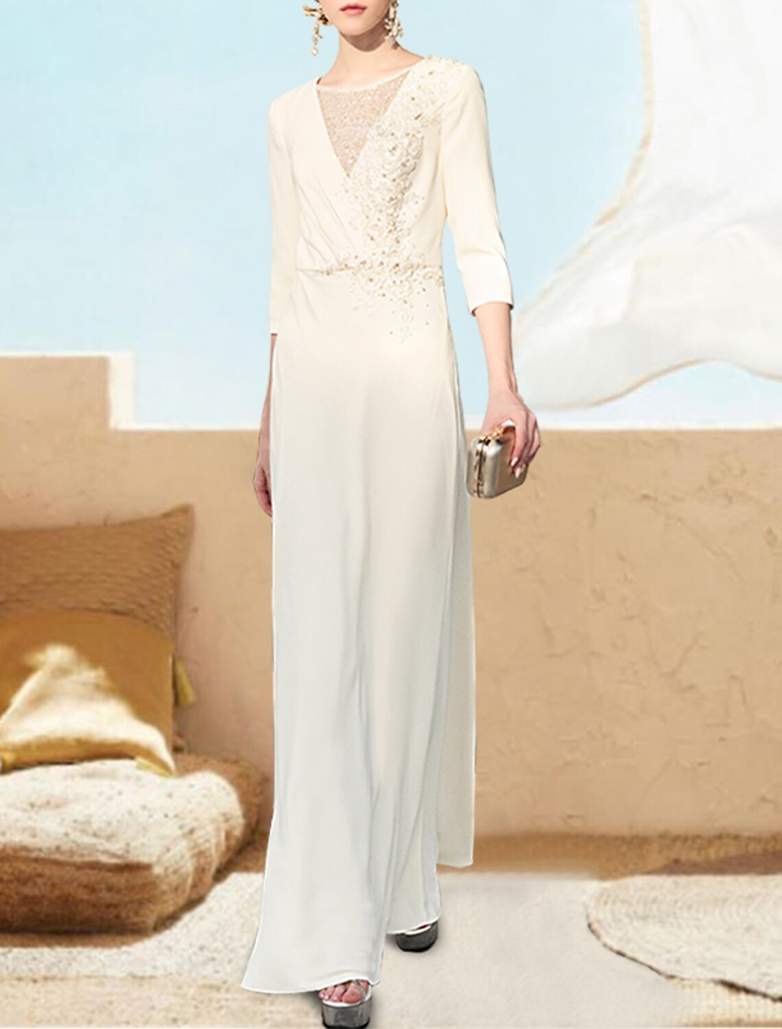 A-Line V-Neck Chiffon Three-Quarter Sleeve Applique Floor-Length Evening Gown - Chloe Dress