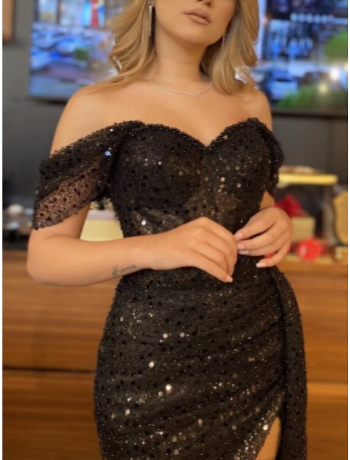 Black A-Line Off-Shoulder Sequin Short Sleeve High Slit Mini Evening Gown - Chloe Dress