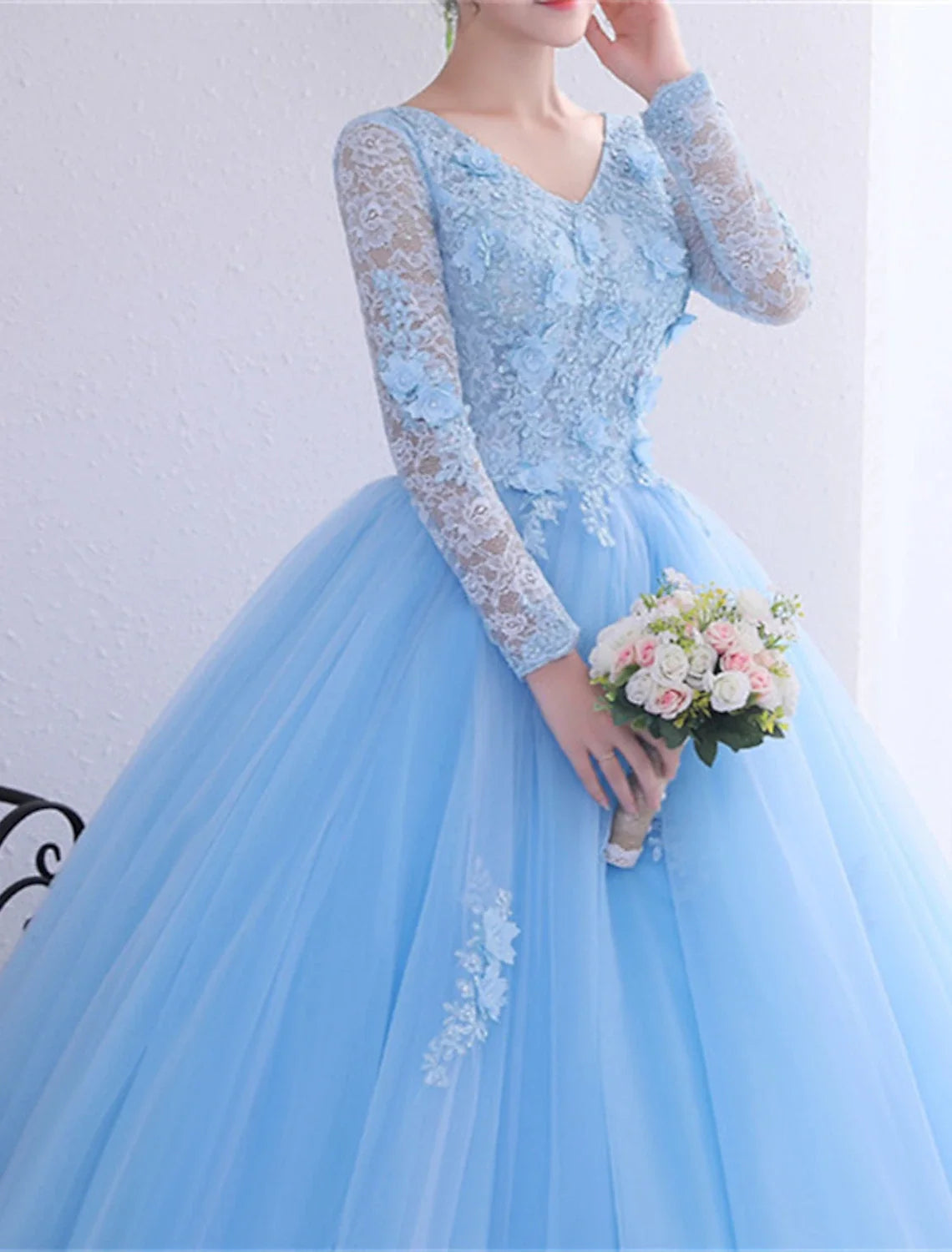 Ball Gown V-Neck Polyester Long Sleeve Applique Floor-Length Gown - Chloe Dress