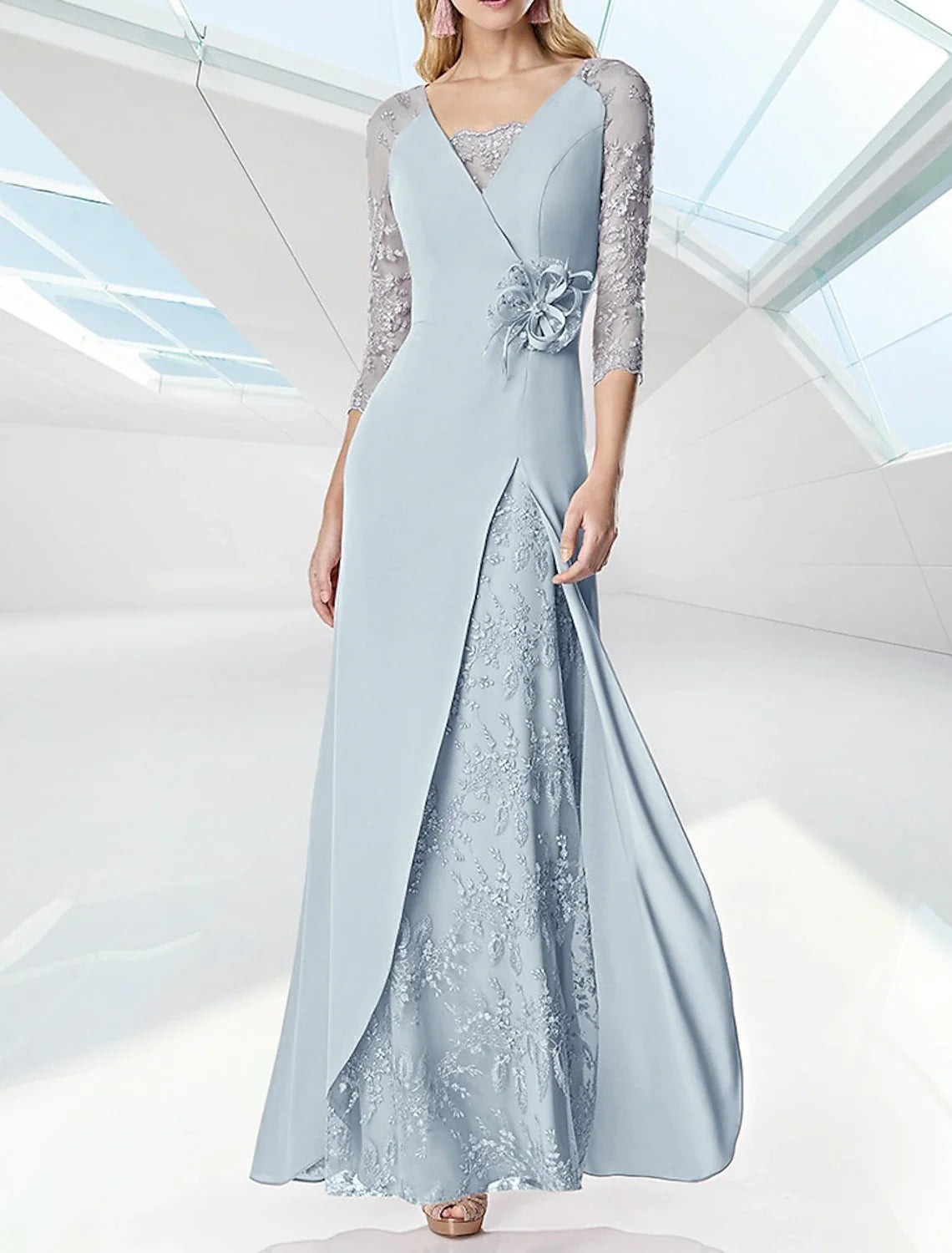 A-Line V-Neck Chiffon Three-Quarter Sleeve Floor-Length Evening Gown - Chloe Dress