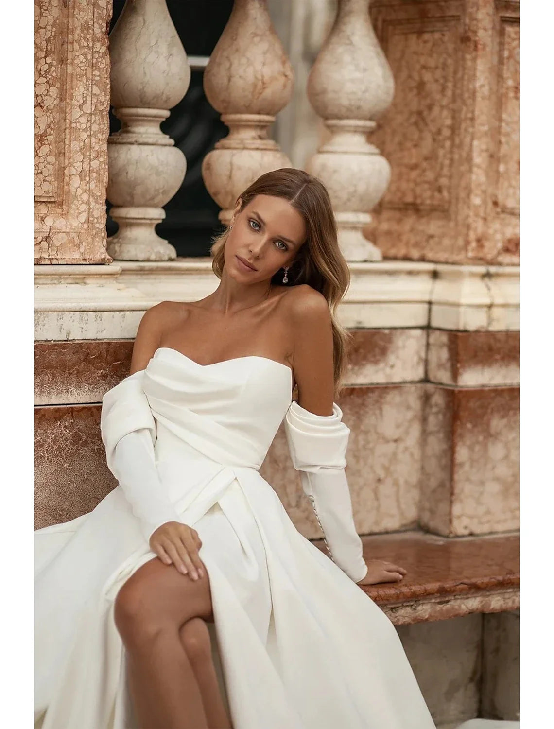 A-Line Off-Shoulder Satin Long Sleeve Train Wedding Gown - Chloe Dress