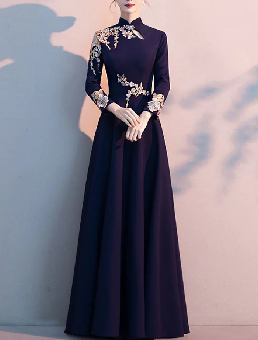 A-Line High Neck Long Sleeve Pleated Floor-Length Dress - Chloe Dress