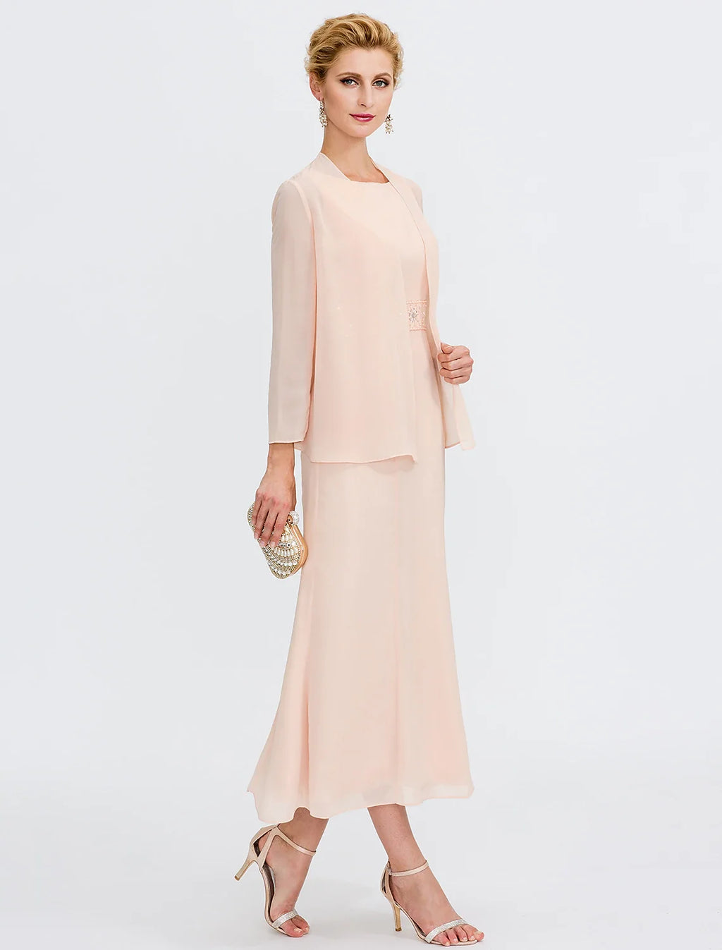 Sheath Chiffon Long Sleeve Pleated Tea-Length Wedding Dress - Chloe Dress