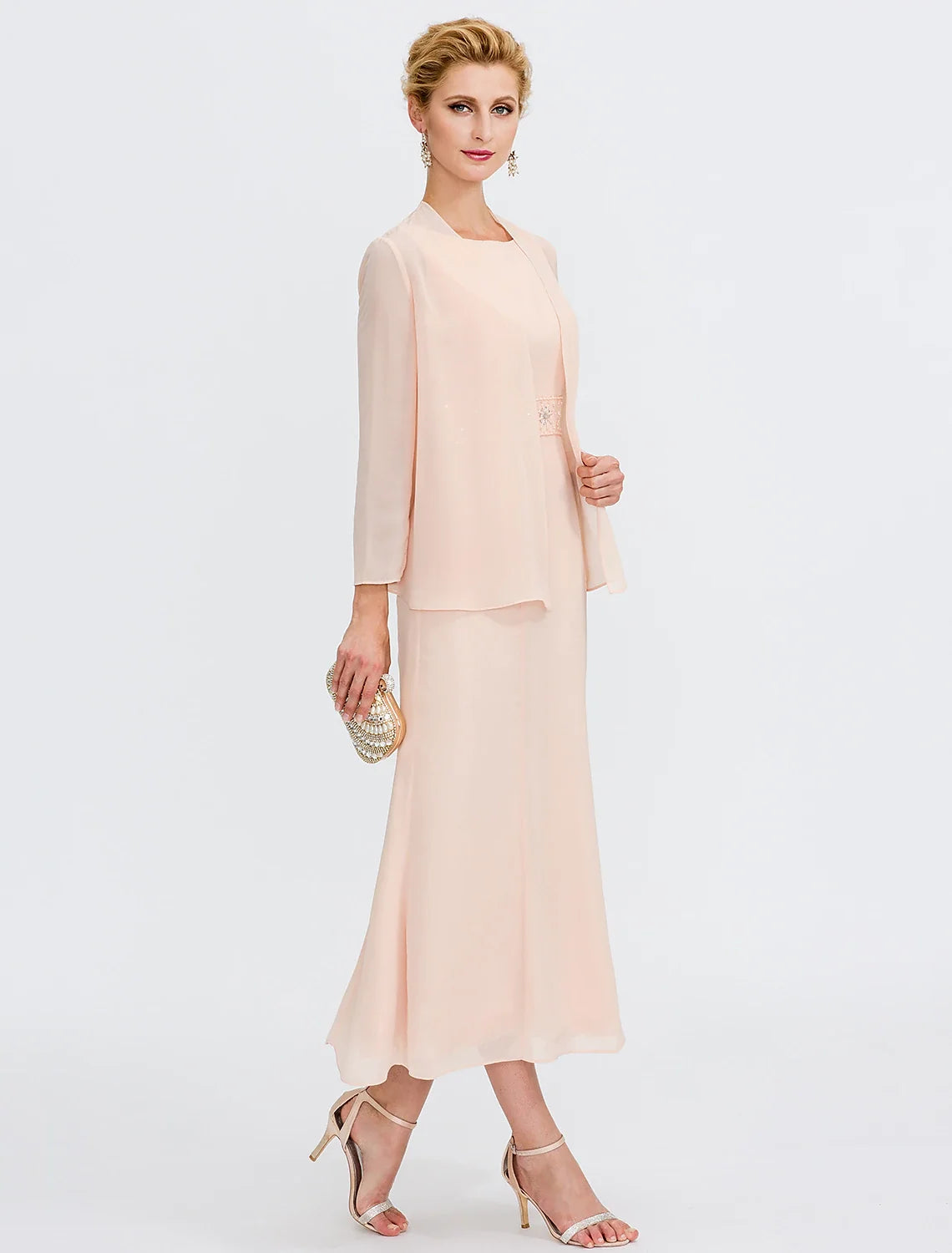 Sheath Chiffon Long Sleeve Pleated Tea-Length Wedding Dress - Chloe Dress