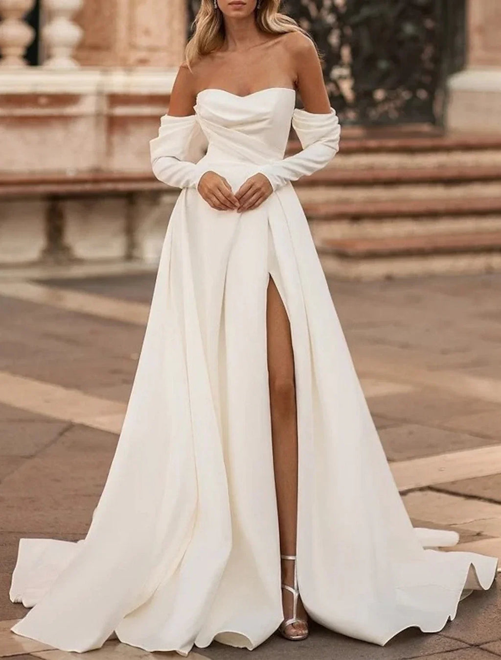 A-Line Off-Shoulder Satin Long Sleeve Train Wedding Gown - Chloe Dress