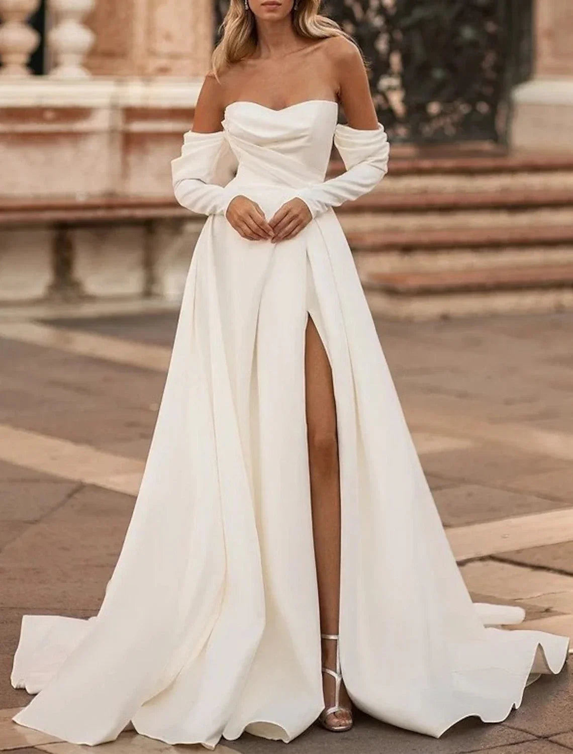 A-Line Off-Shoulder Satin Long Sleeve Train Wedding Gown - Chloe Dress