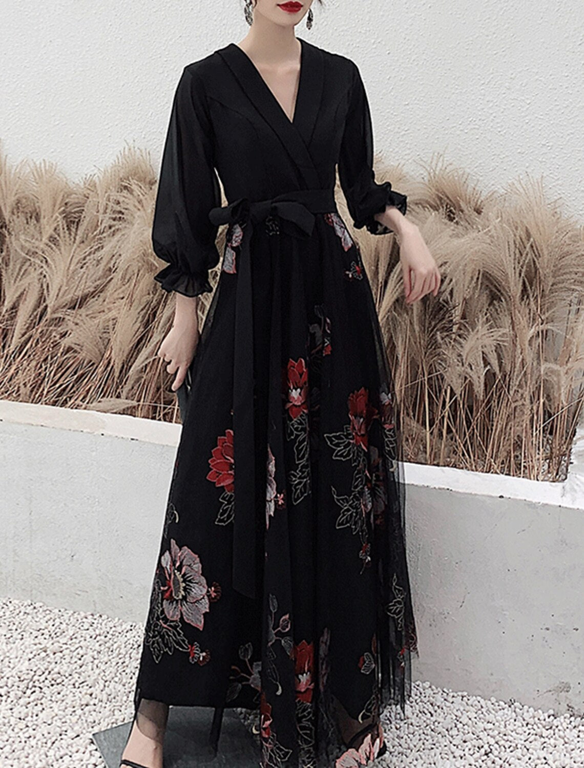 A-Line V-Neck Three-Quarter Sleeve Floor-Length Evening Dress - Chloe Dress