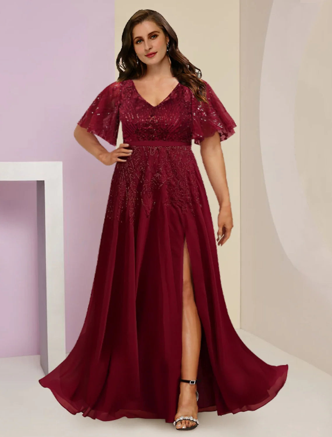 V-Neck Chiffon Short Sleeve Pleated Floor-Length Wedding Dress - Chloe Dress