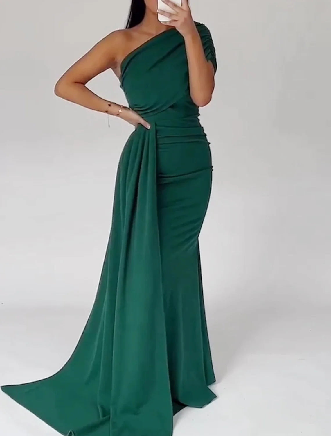 Green Mermaid One-Shoulder Satin Short Sleeve Pleated Mini Evening Gown - Chloe Dress