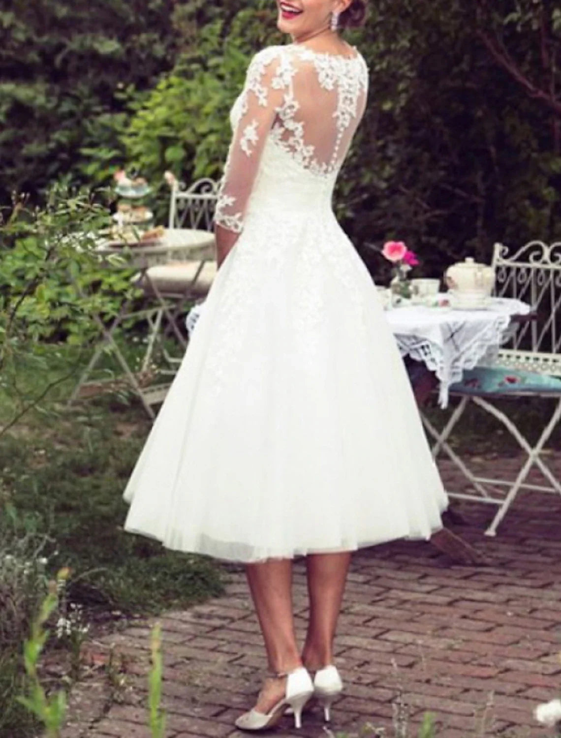 White A-Line Illusion Lace Applique Tea-Length Wedding Gown - Chloe Dress