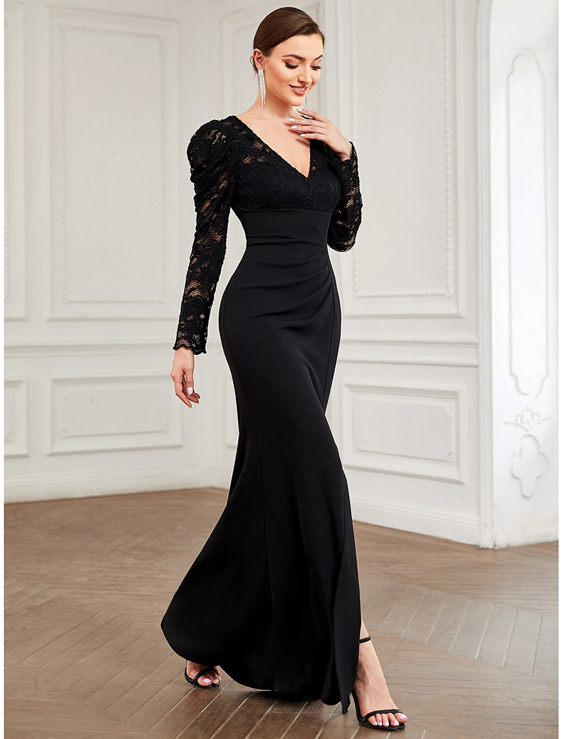 A-Line V-Neck Lace Long Sleeve Floor-Length Evening Gown - Chloe Dress
