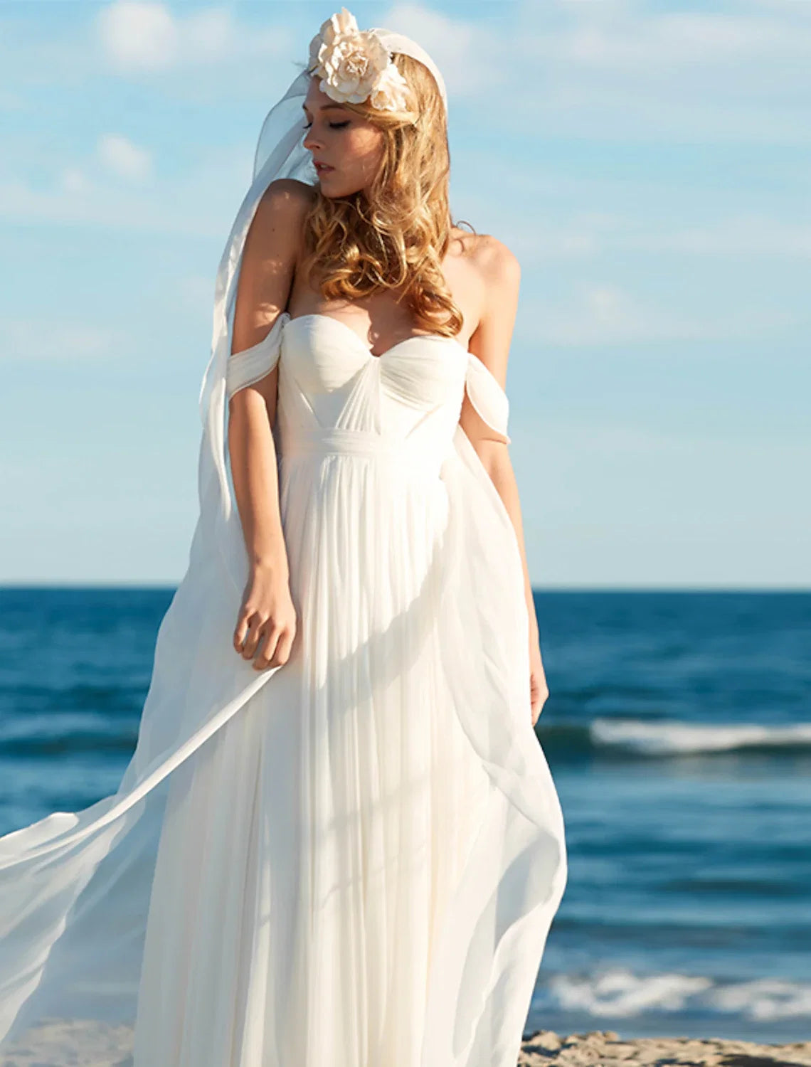 A-Line Off-Shoulder Chiffon Cap Sleeve Pleated Floor-Length Wedding Gown - Chloe Dress