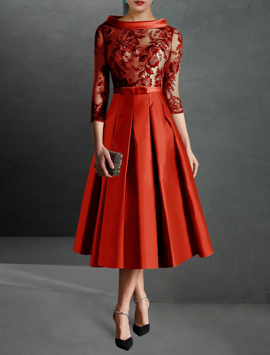 Green A-Line Satin Three-Quarter Sleeve Pleated Tea-Length Wedding Dress - Chloe Dress