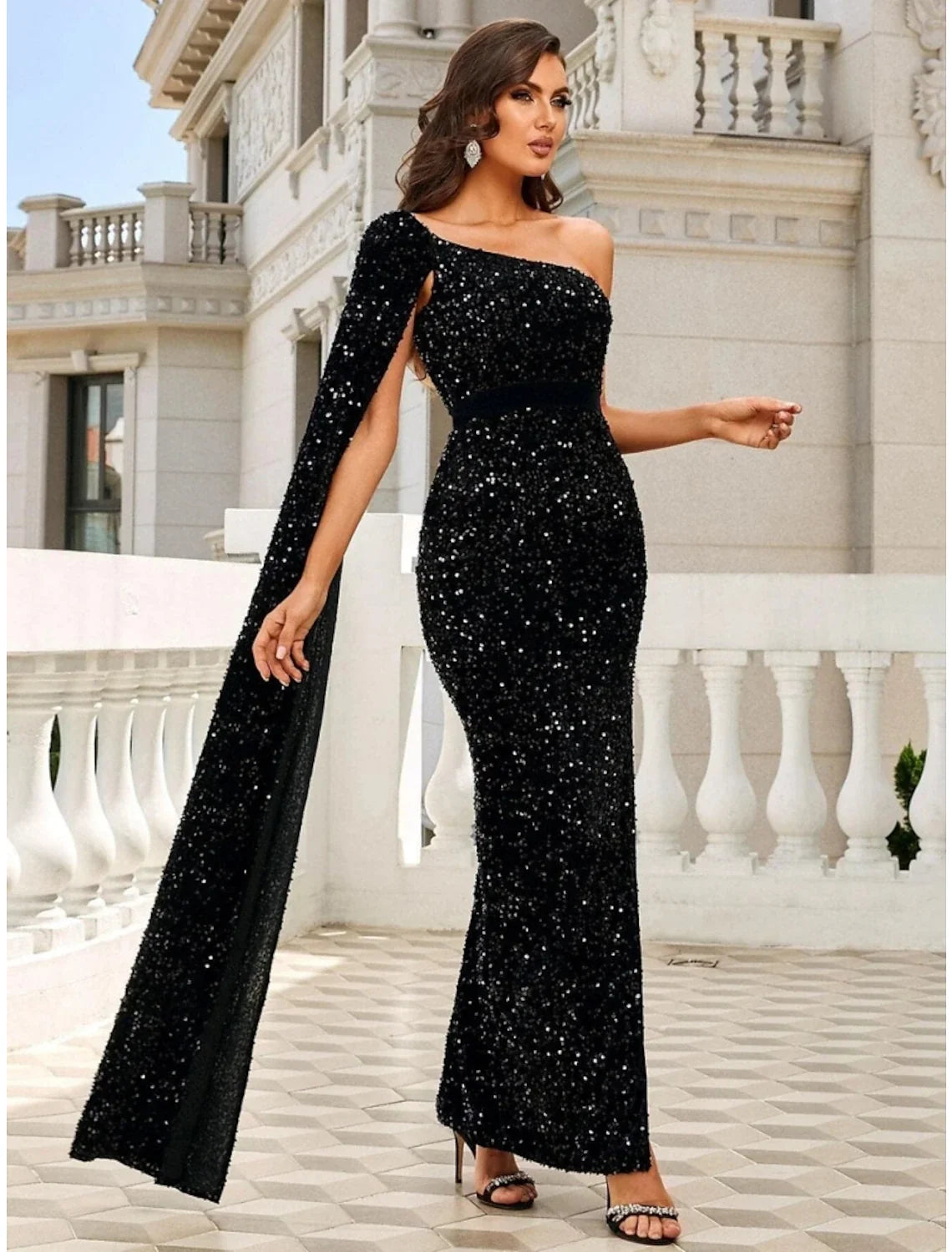 Black Mermaid One-Shoulder Sequin Sleeveless High Slit Ankle-Length Evening Gown - Chloe Dress