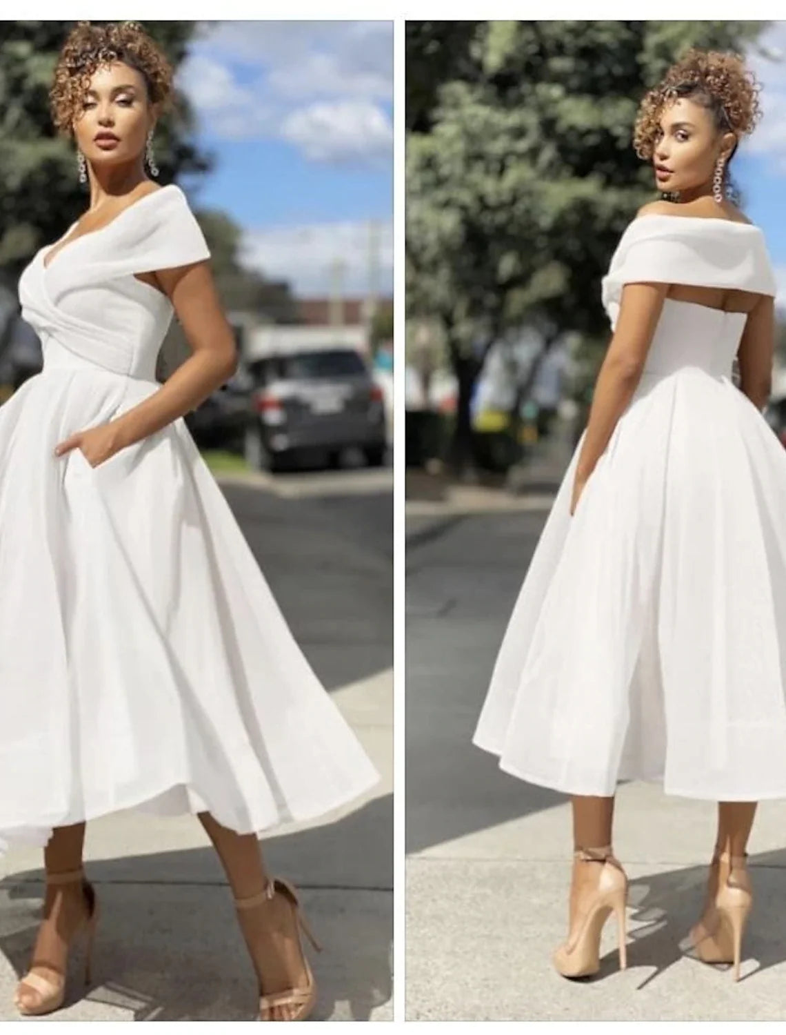 A-Line Off-Shoulder Organza Sleeveless Backless Tea-Length Prom Dress - Chloe Dress