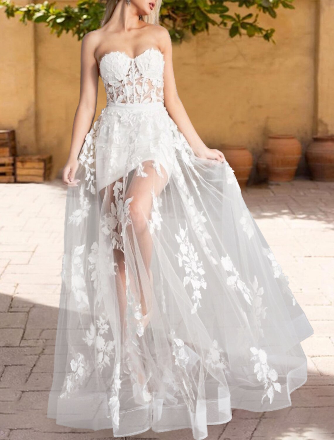 A-Line Strapless Lace Sleeveless Applique Floor-Length Prom Dress - Chloe Dress