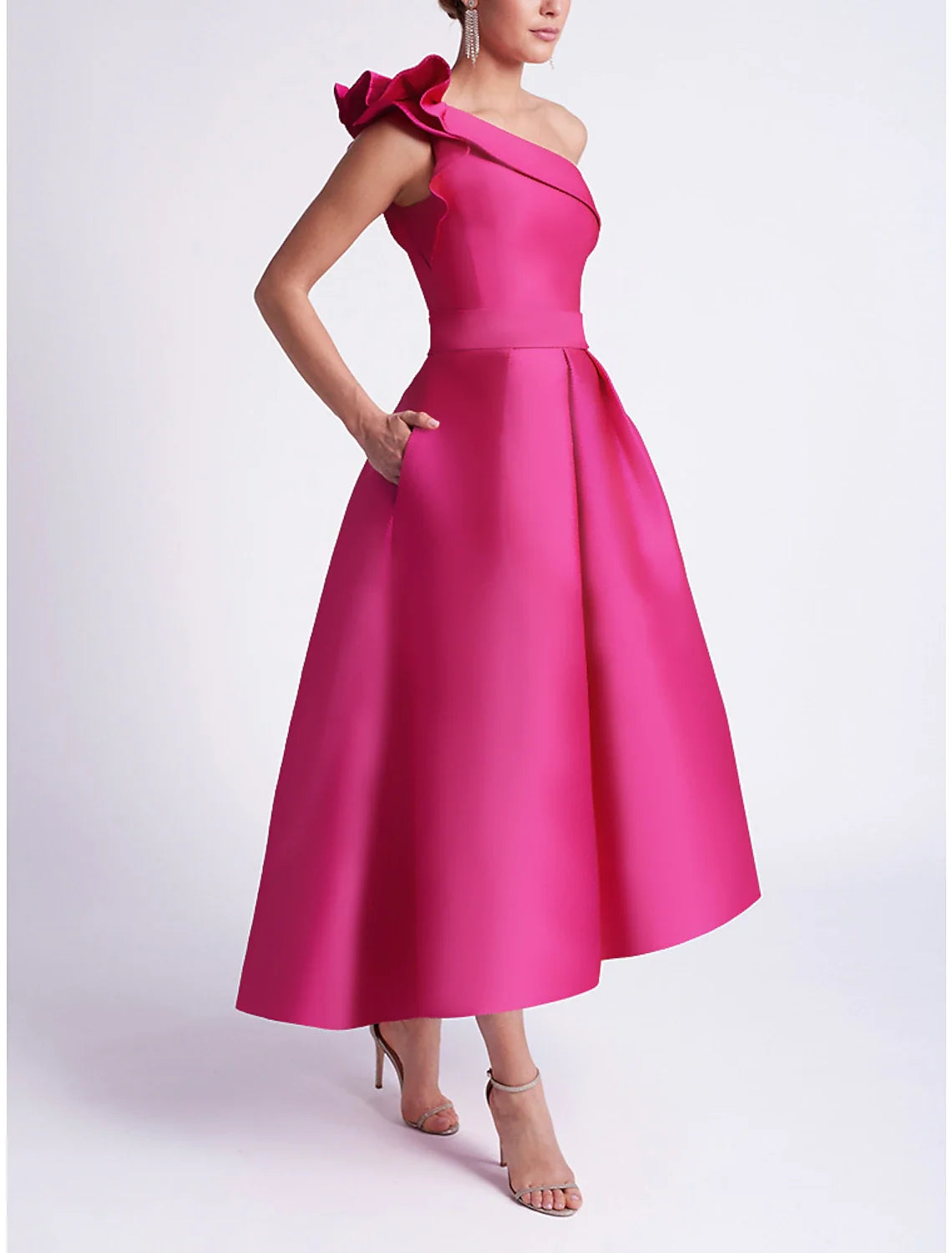 A-Line One-Shoulder Satin Sleeveless Asymmetric Wedding Dress - Chloe Dress