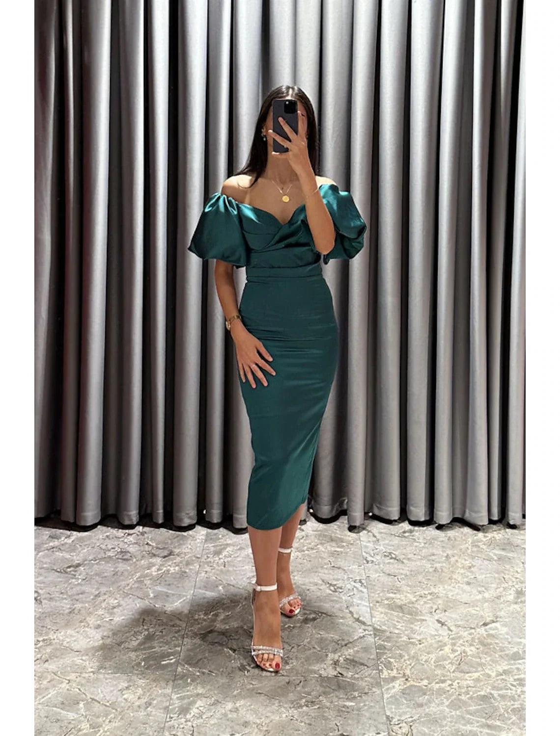 Sheath Off-Shoulder Satin Short Sleeve High Slit Mini Cocktail Dress - Chloe Dress