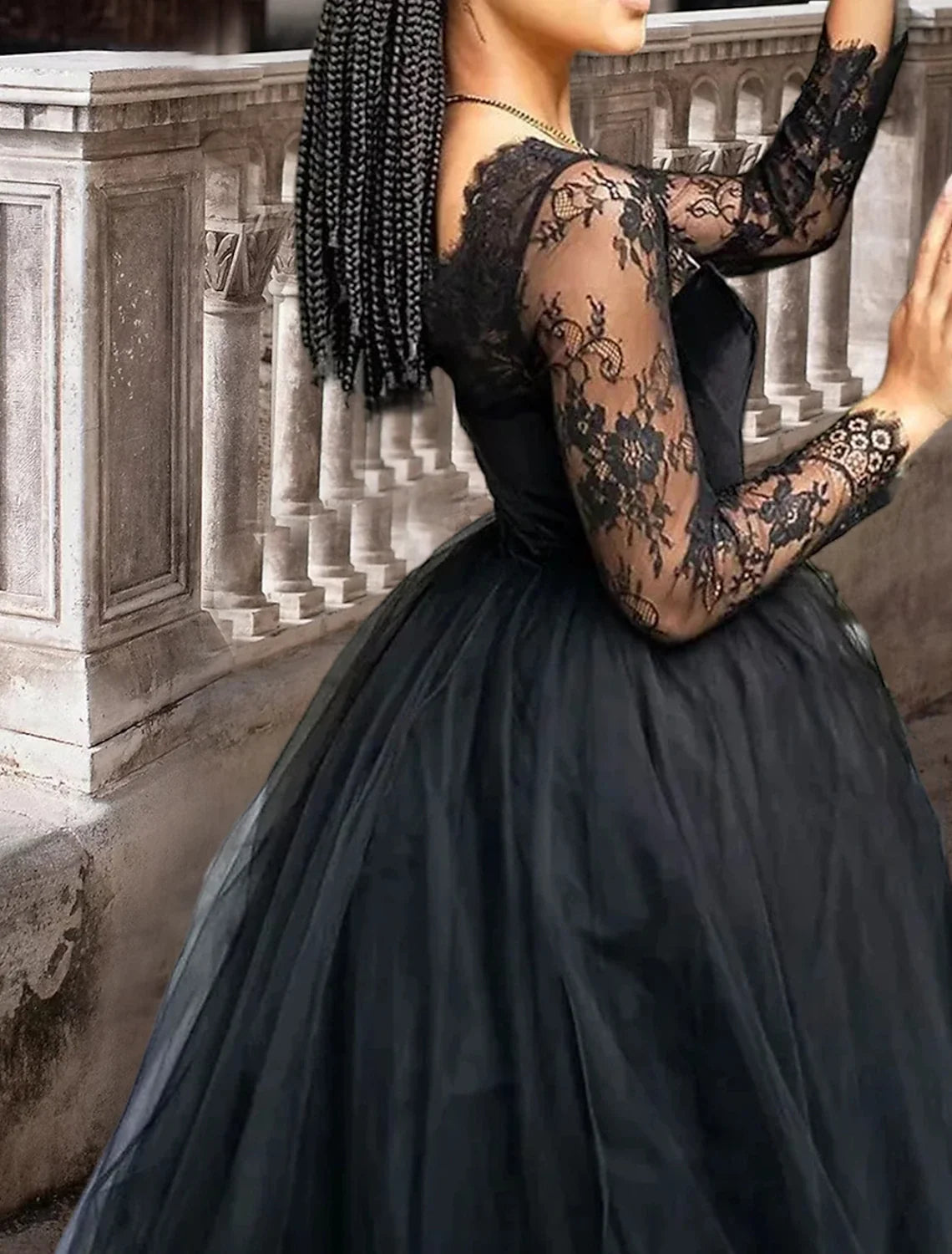 Black A-Line Square Neck Lace Three-Quarter Sleeve Pleated Floor-Length Wedding Gown - Chloe Dress