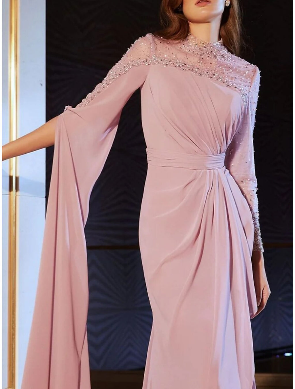 A-Line Chiffon Long Sleeve Pleated Evening Gown - Chloe Dress