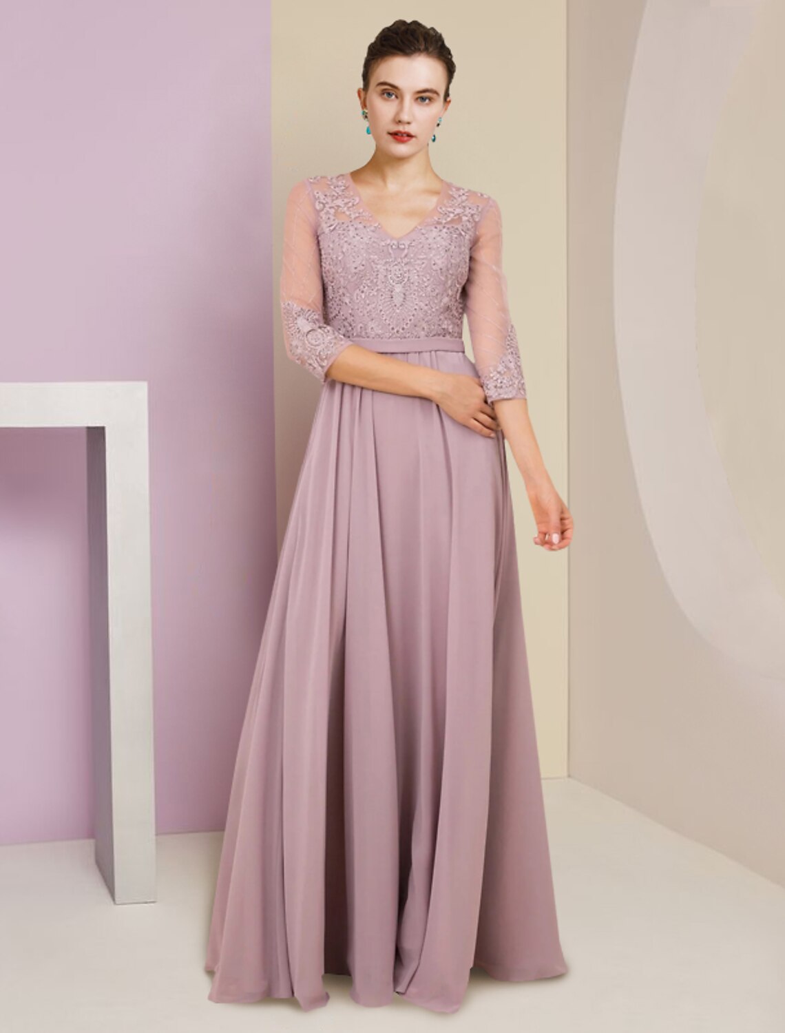 A-Line V-Neck Chiffon Three-Quarter Sleeve Pleated Floor-Length Wedding Dress - Chloe Dress