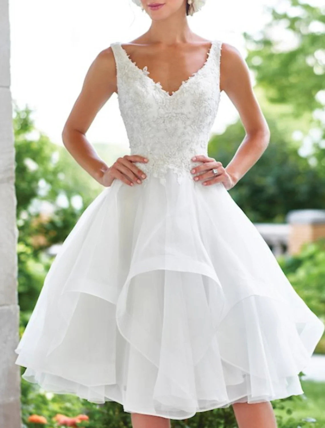 White A-Line V-Neck Lace Sleeveless Ruffled Knee-Length Wedding Gown - Chloe Dress