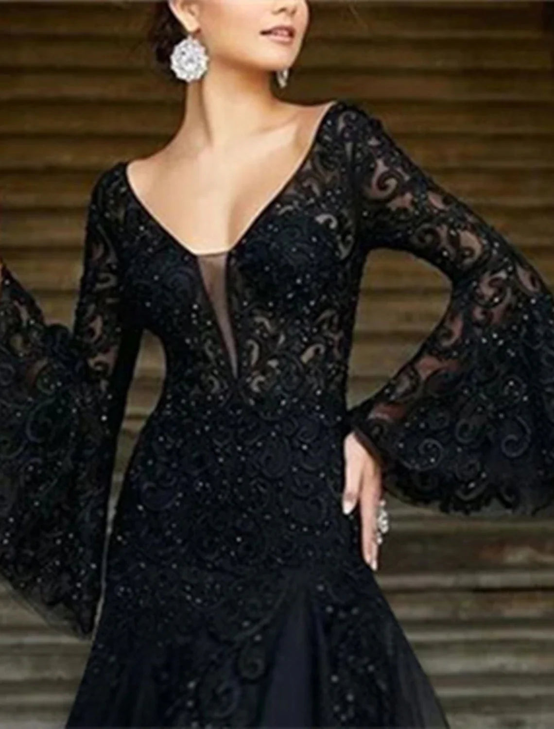 Black A-Line V-Neck Lace Long Sleeve Applique Floor-Length Evening Gown - Chloe Dress